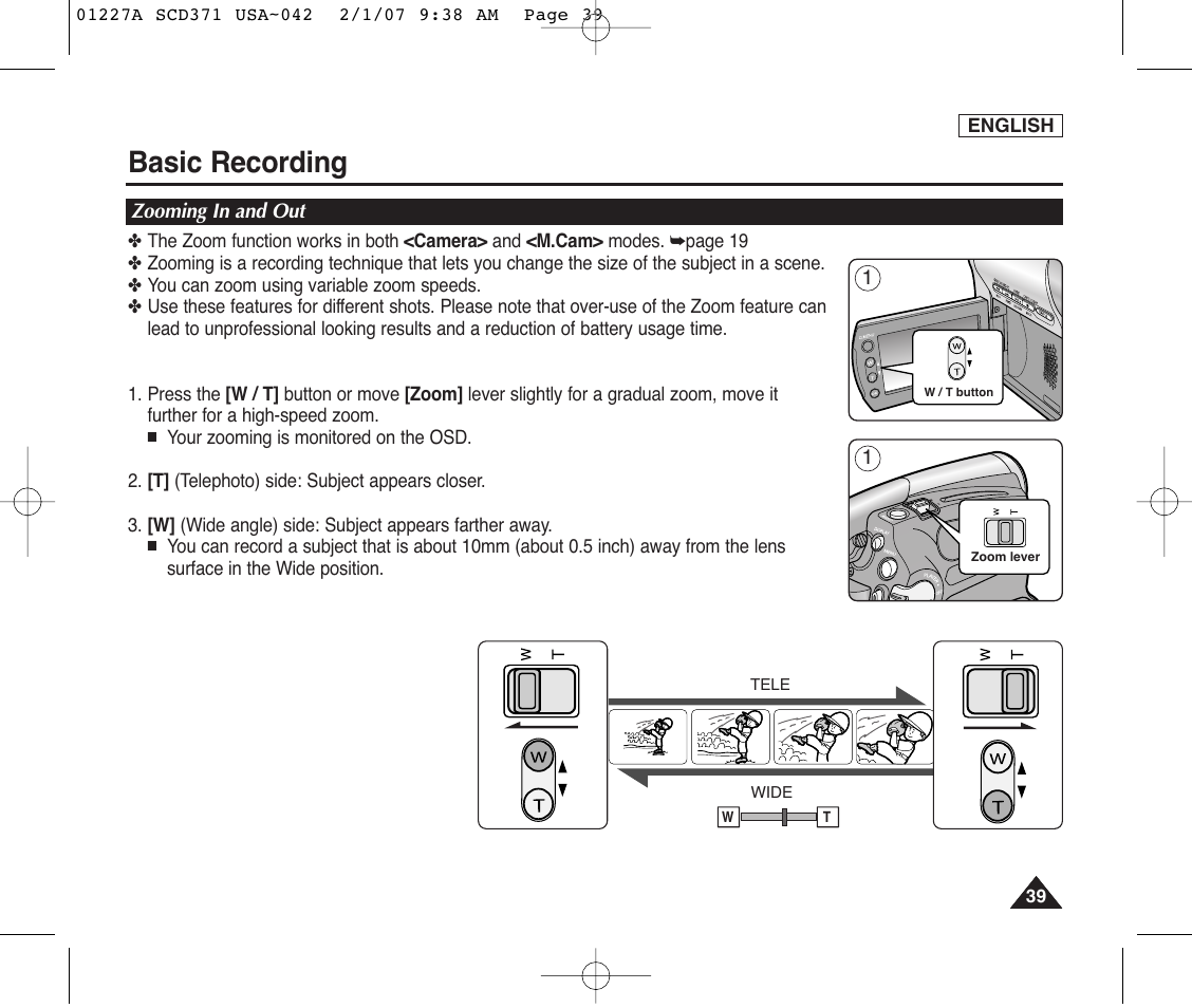 Zooming in and out, Basic recording | Samsung SC-D372-XAA User Manual | Page 43 / 114