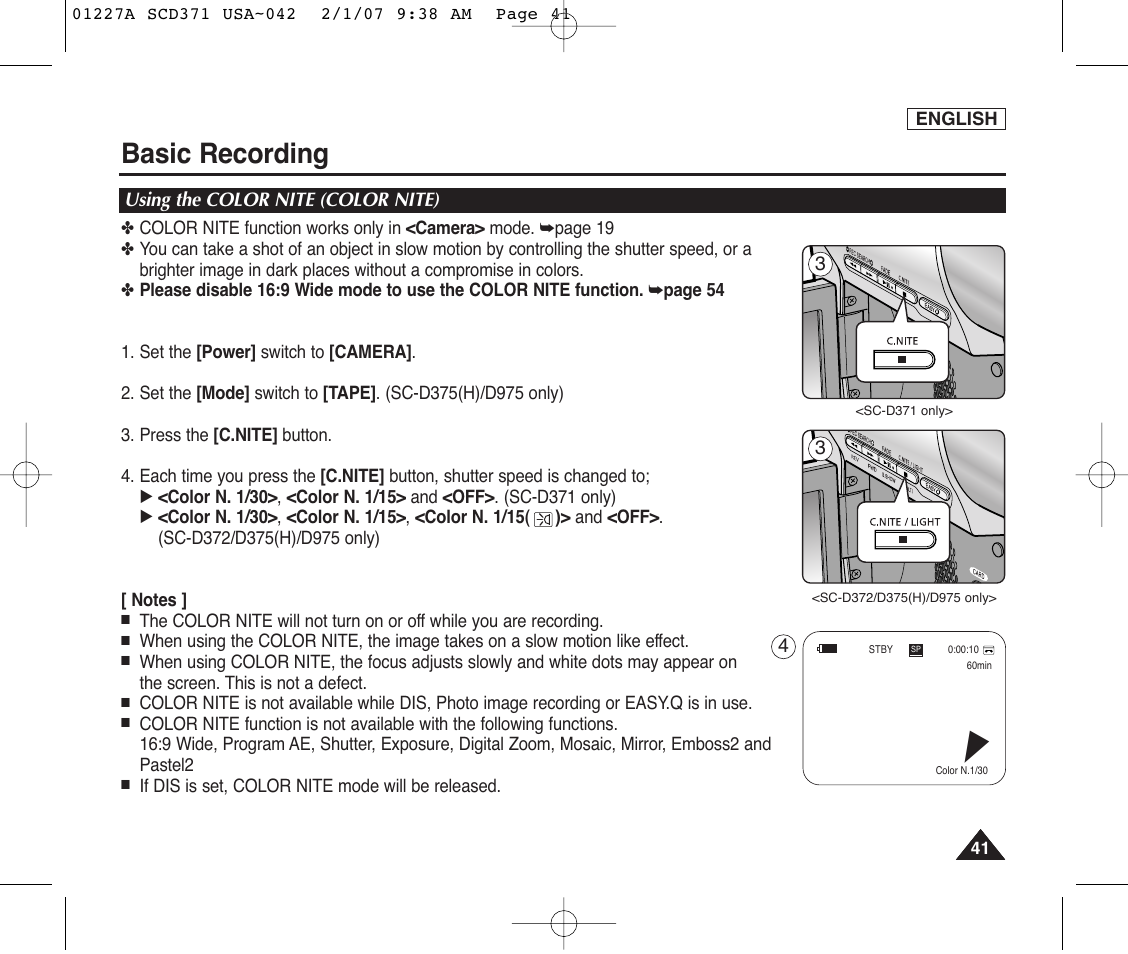 Using the color nite (color nite), Basic recording | Samsung SC-D372-XAA User Manual | Page 45 / 114