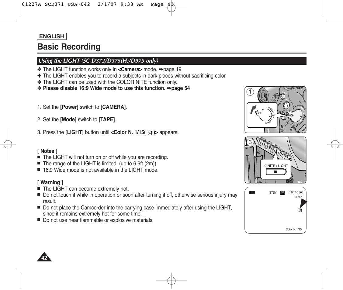 Using the light (sc-d372/d375(h)/d975 only), Basic recording | Samsung SC-D372-XAA User Manual | Page 46 / 114