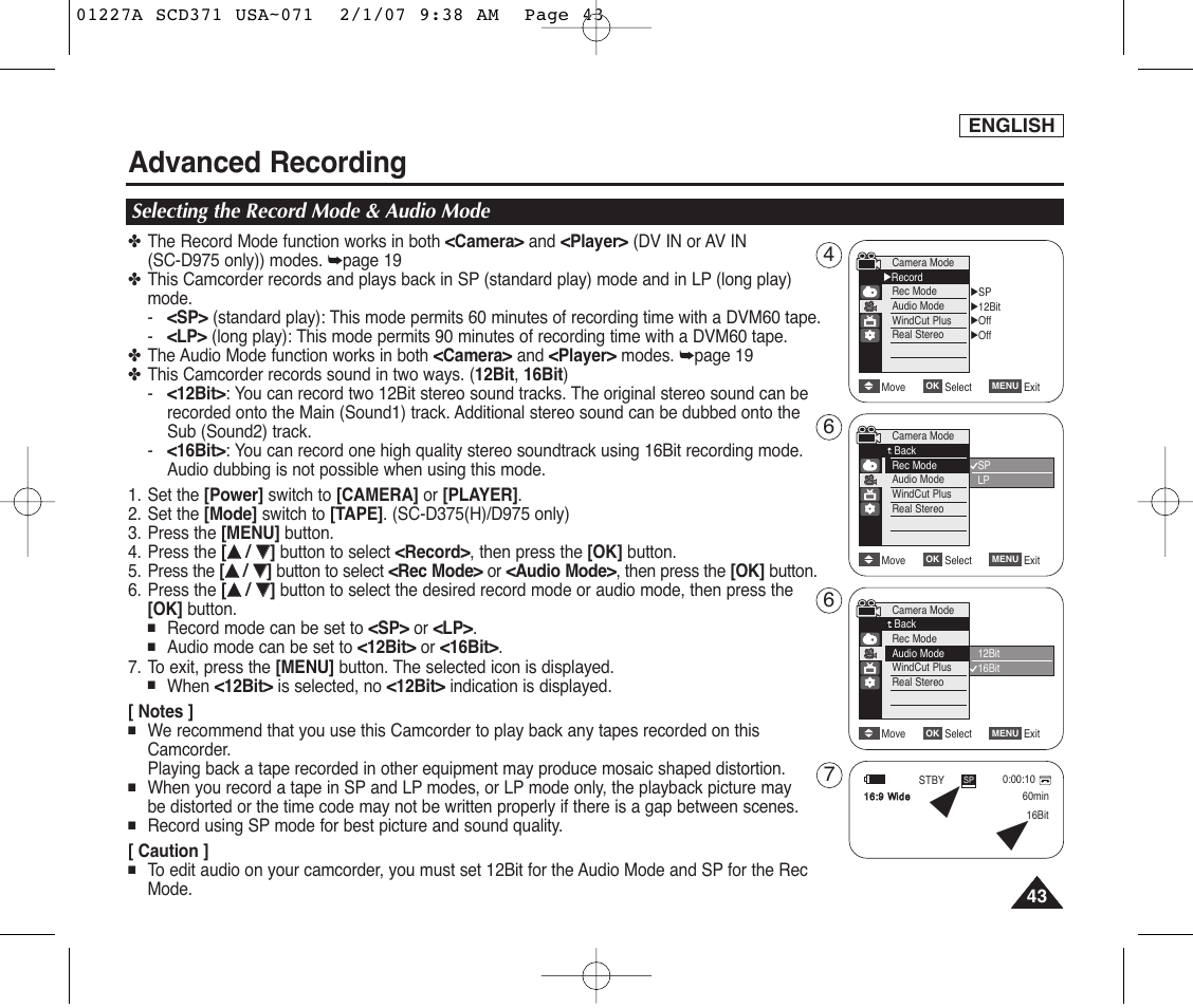 Advanced recording, Selecting the record mode & audio mode | Samsung SC-D372-XAA User Manual | Page 47 / 114