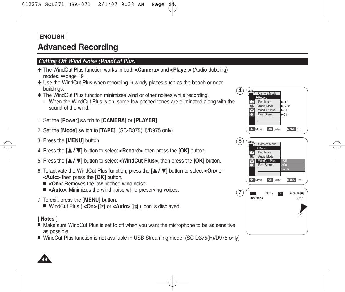 Cutting off wind noise (windcut plus), Advanced recording | Samsung SC-D372-XAA User Manual | Page 48 / 114