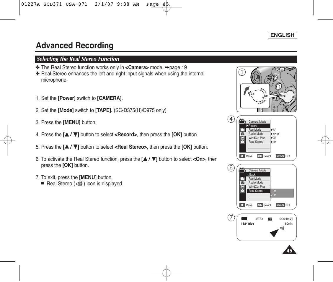 Selecting the real stereo function, Advanced recording | Samsung SC-D372-XAA User Manual | Page 49 / 114