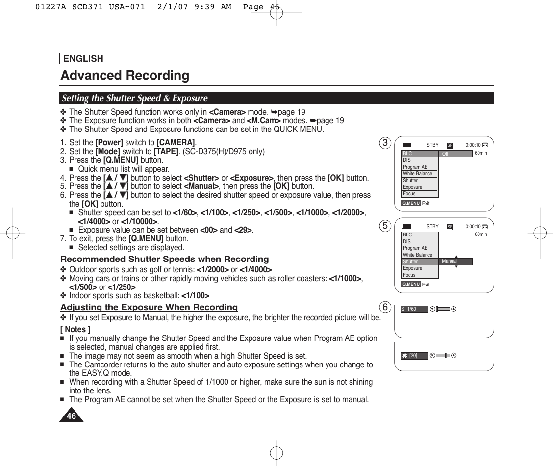 Setting the shutter speed & exposure, Advanced recording, English | Samsung SC-D372-XAA User Manual | Page 50 / 114