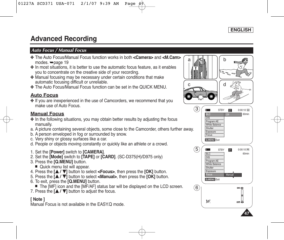 Auto focus / manual focus, Advanced recording | Samsung SC-D372-XAA User Manual | Page 51 / 114