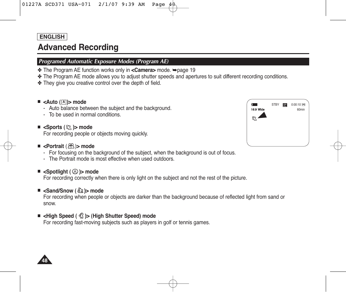 Programed automatic exposure modes (program ae), Advanced recording | Samsung SC-D372-XAA User Manual | Page 52 / 114