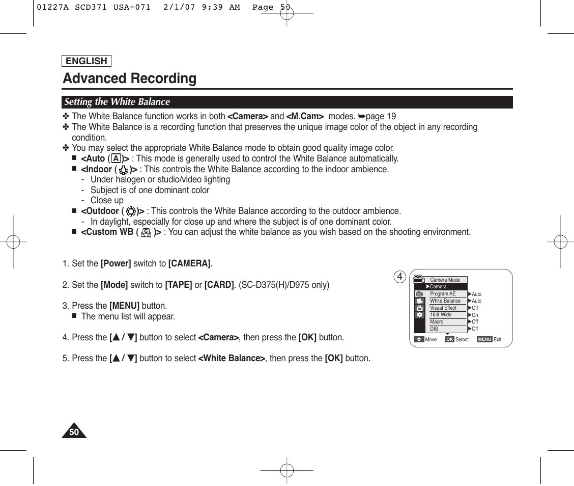 Setting the white balance, Advanced recording | Samsung SC-D372-XAA User Manual | Page 54 / 114