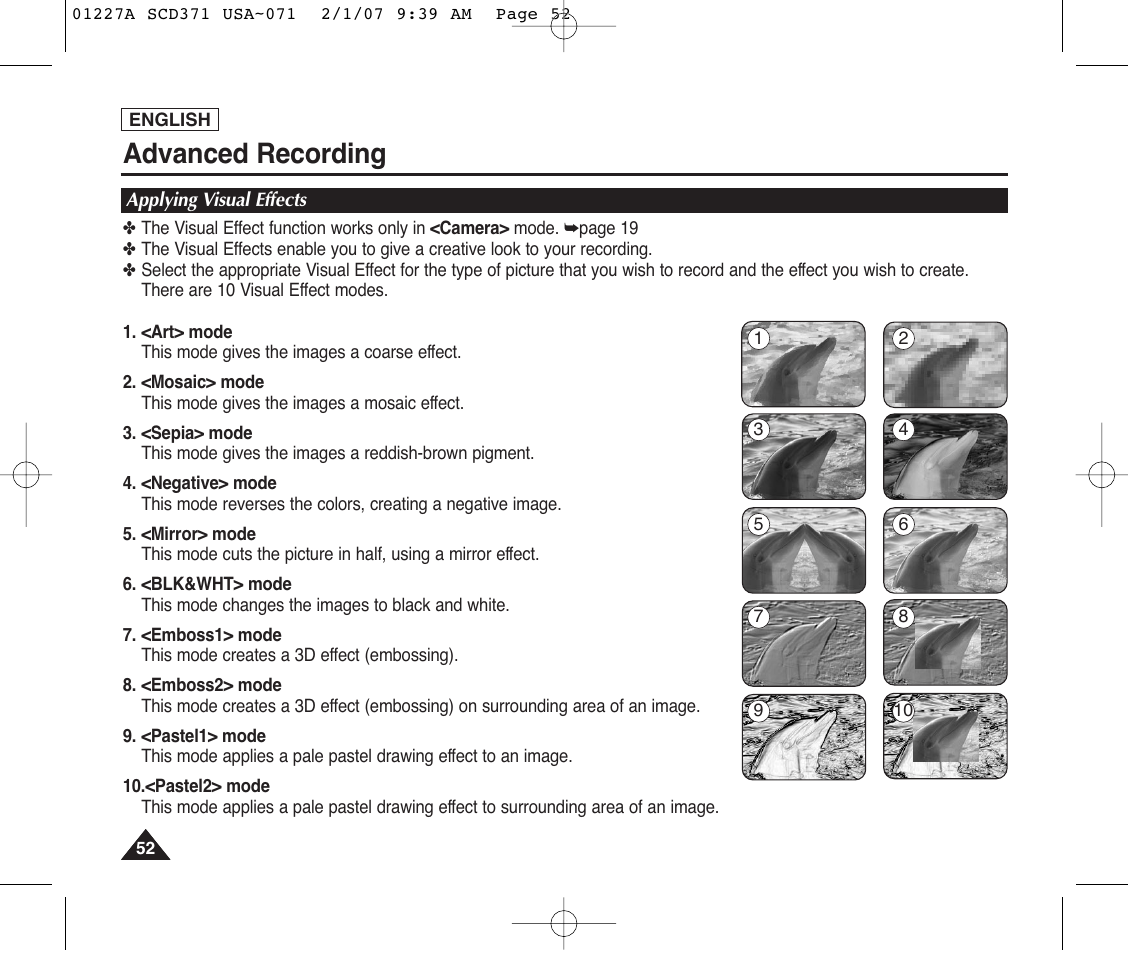 Applying visual effects, Advanced recording | Samsung SC-D372-XAA User Manual | Page 56 / 114