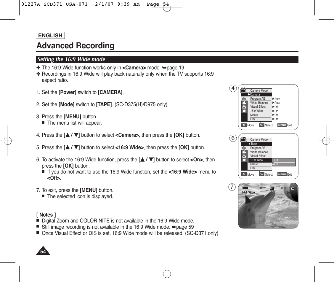 Setting the 16:9 wide mode, Advanced recording | Samsung SC-D372-XAA User Manual | Page 58 / 114