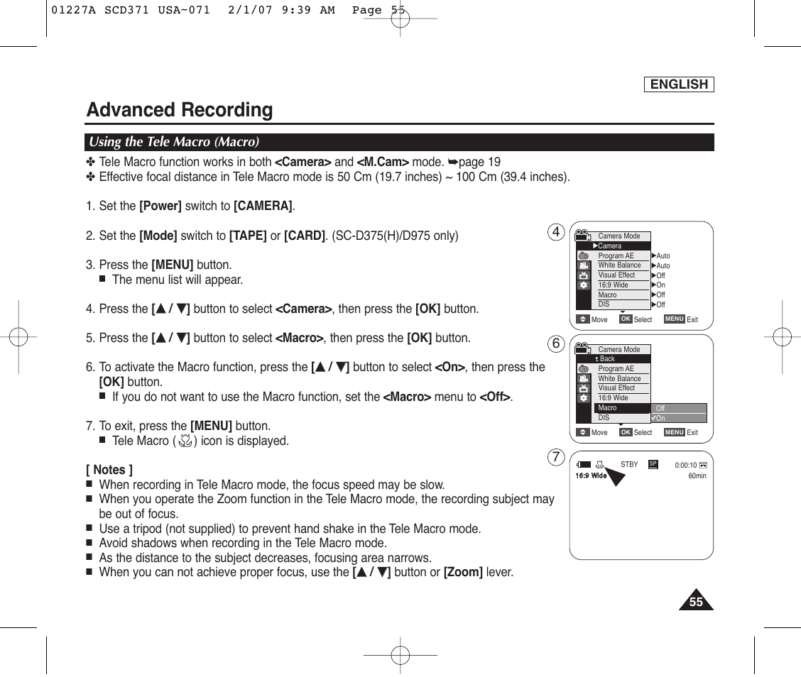 Using the tele macro (macro), Advanced recording | Samsung SC-D372-XAA User Manual | Page 59 / 114