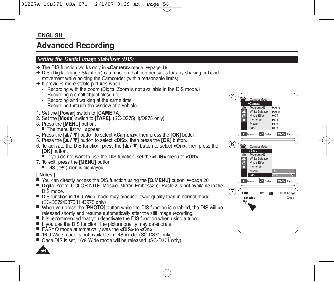 Setting the digital image stabilizer (dis), Advanced recording | Samsung SC-D372-XAA User Manual | Page 60 / 114