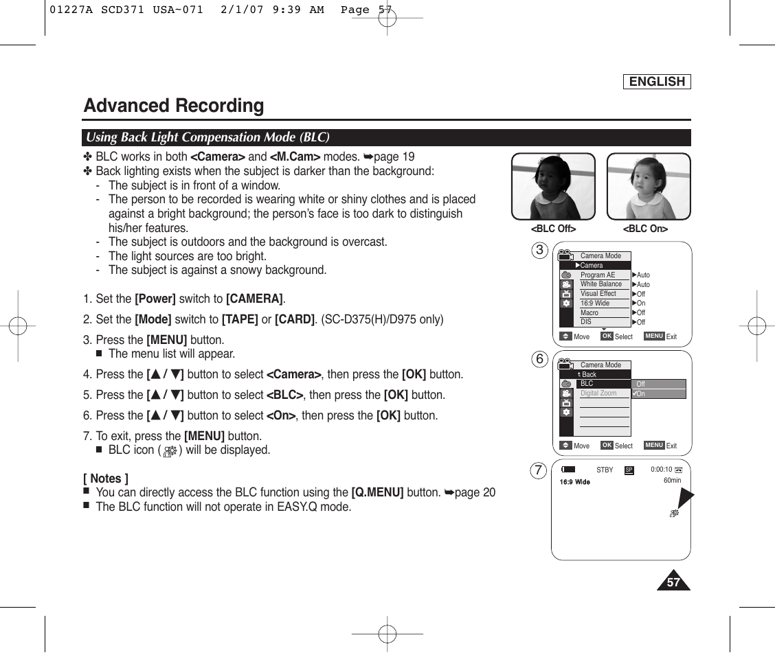 Using back light compensation mode (blc), Advanced recording | Samsung SC-D372-XAA User Manual | Page 61 / 114