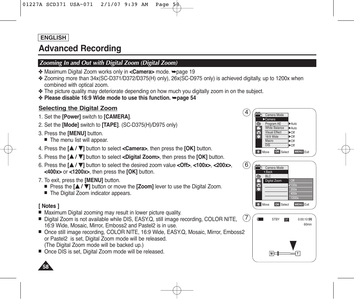 Advanced recording | Samsung SC-D372-XAA User Manual | Page 62 / 114