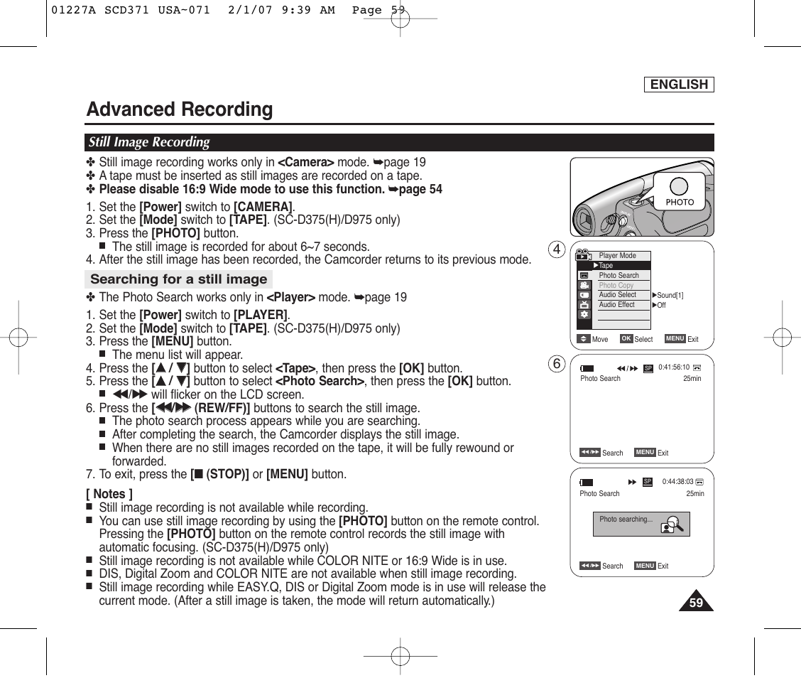 Still image recording, Searching for a still image, Advanced recording | English | Samsung SC-D372-XAA User Manual | Page 63 / 114