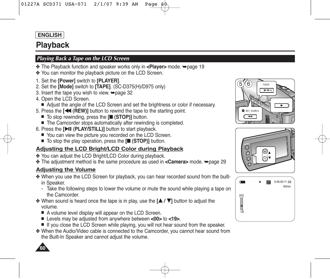 Playback, Playing back a tape on the lcd screen | Samsung SC-D372-XAA User Manual | Page 64 / 114