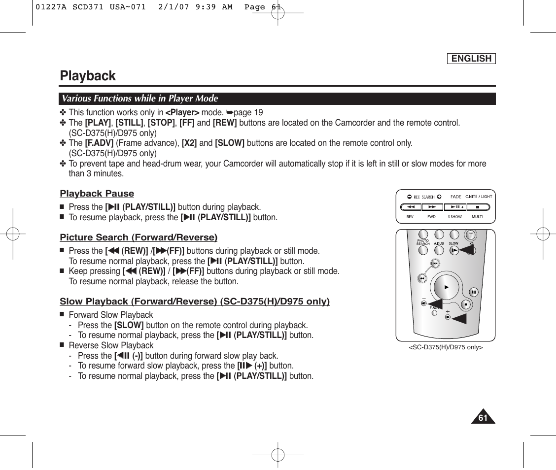 Various functions while in player mode, Playback | Samsung SC-D372-XAA User Manual | Page 65 / 114