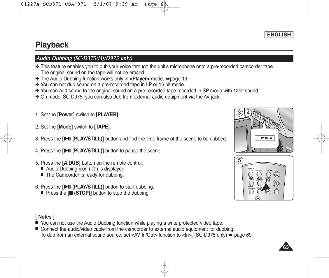 Audio dubbing (sc-d375(h)/d975 only), Playback | Samsung SC-D372-XAA User Manual | Page 67 / 114