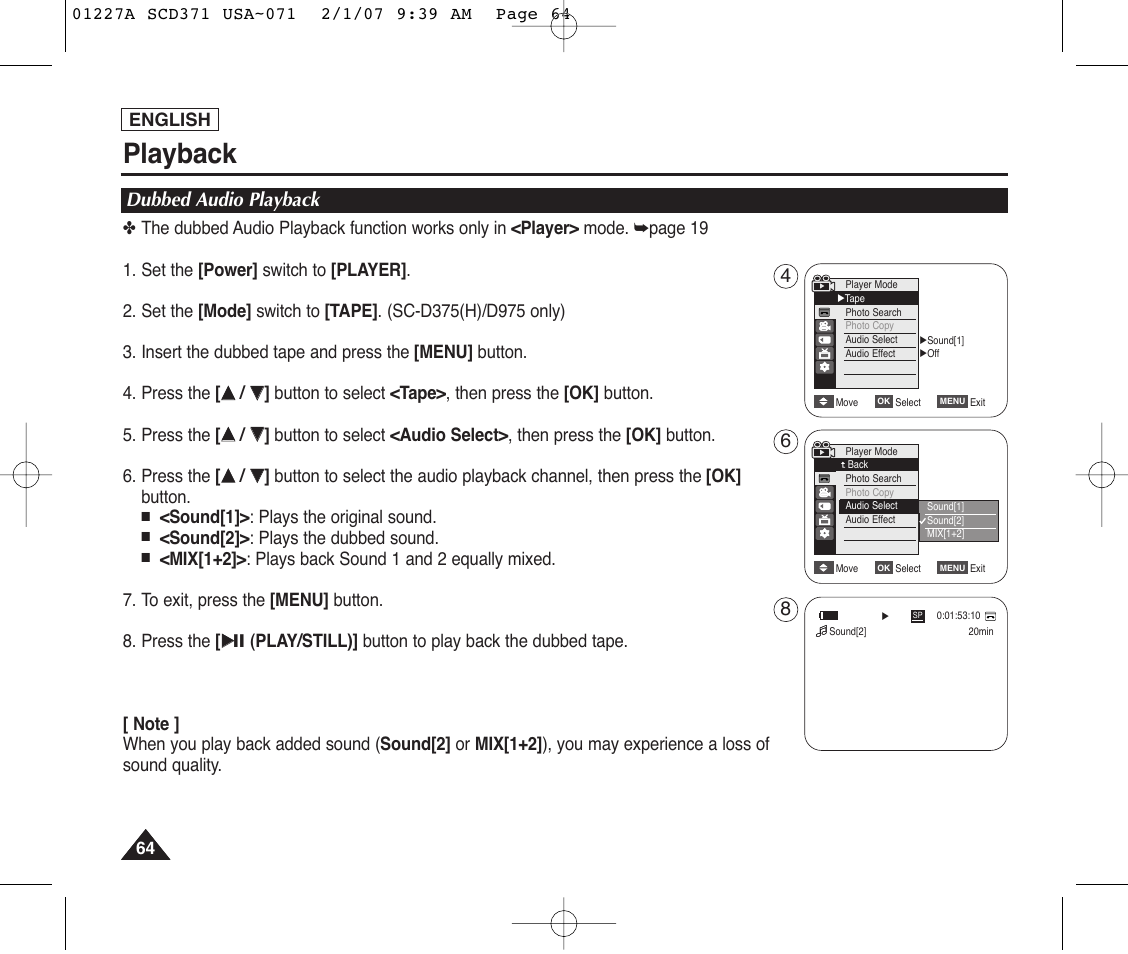 Dubbed audio playback, Playback | Samsung SC-D372-XAA User Manual | Page 68 / 114