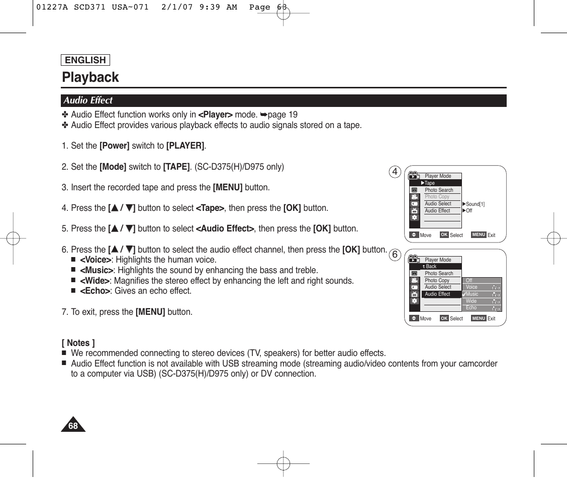 Audio effect, Playback, English | Voice> : highlights the human voice | Samsung SC-D372-XAA User Manual | Page 72 / 114