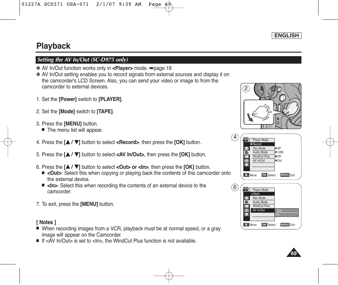 Setting the av in/out (sc-d975 only), Playback | Samsung SC-D372-XAA User Manual | Page 73 / 114