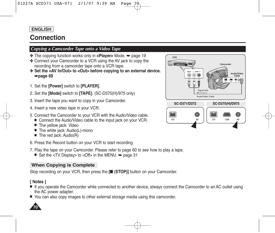 Connection, Copying a camcorder tape onto a video tape | Samsung SC-D372-XAA User Manual | Page 74 / 114