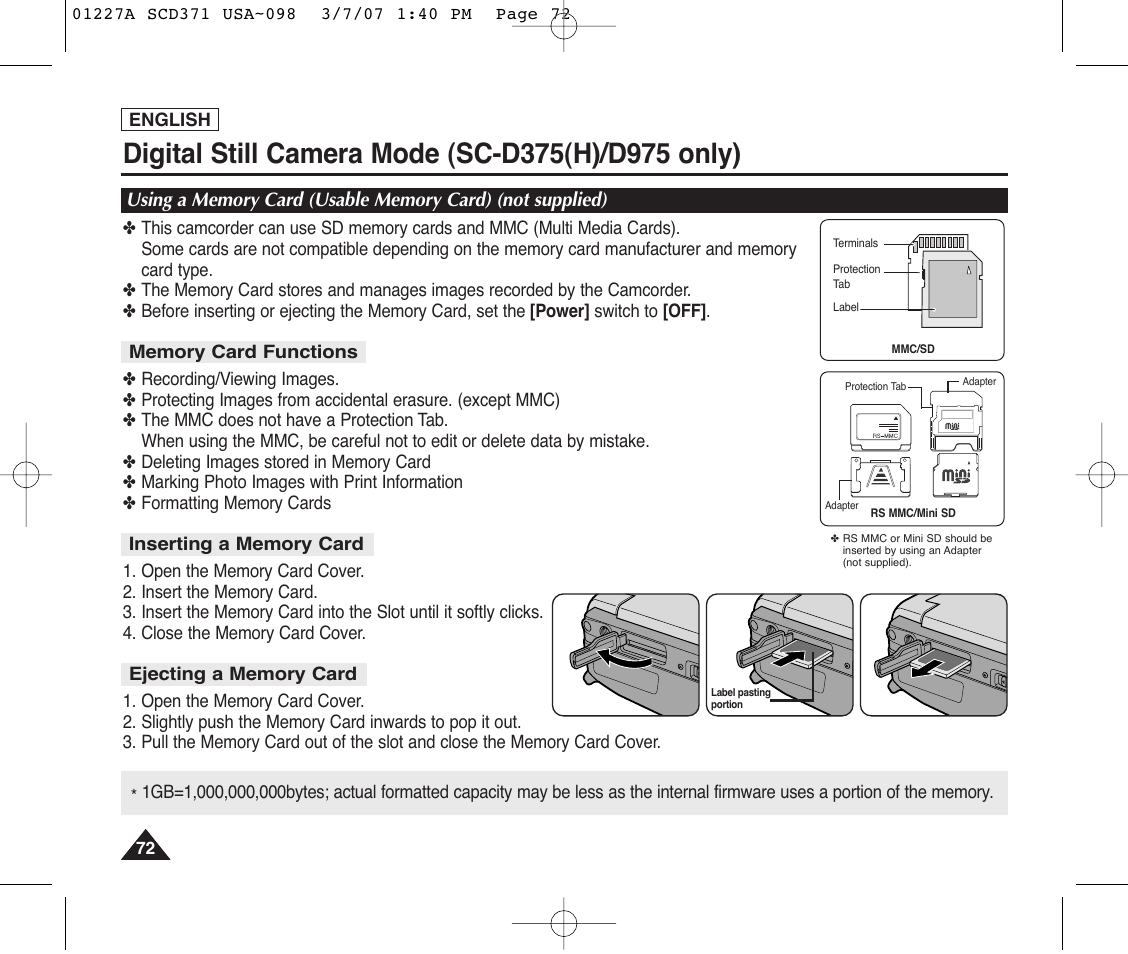 Digital still camera mode (sc-d375(h)/d975 only), Memory card functions, Inserting a memory card | Ejecting a memory card | Samsung SC-D372-XAA User Manual | Page 76 / 114