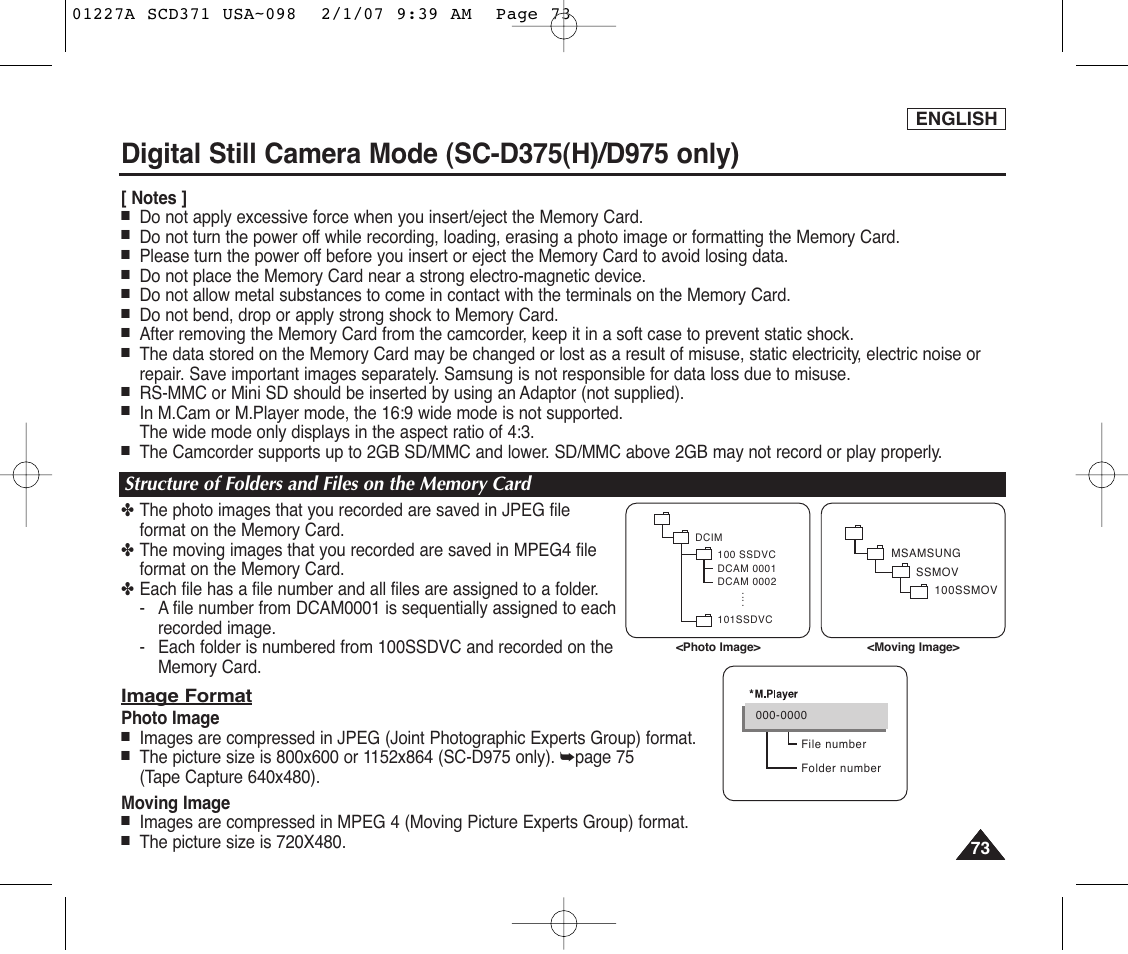 Structure of folders and files on the memory card | Samsung SC-D372-XAA User Manual | Page 77 / 114