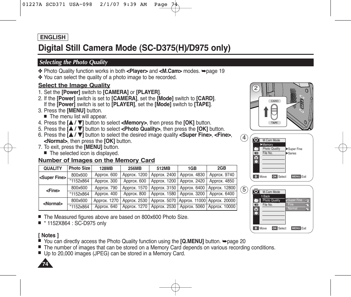 Selecting the photo quality | Samsung SC-D372-XAA User Manual | Page 78 / 114