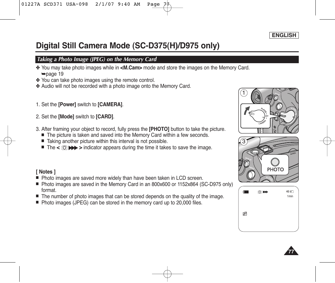 Taking a photo image (jpeg) on the memory card | Samsung SC-D372-XAA User Manual | Page 81 / 114