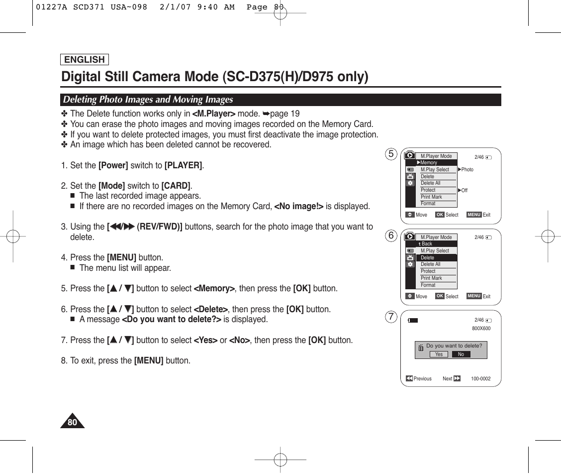 Deleting photo images and moving images | Samsung SC-D372-XAA User Manual | Page 84 / 114