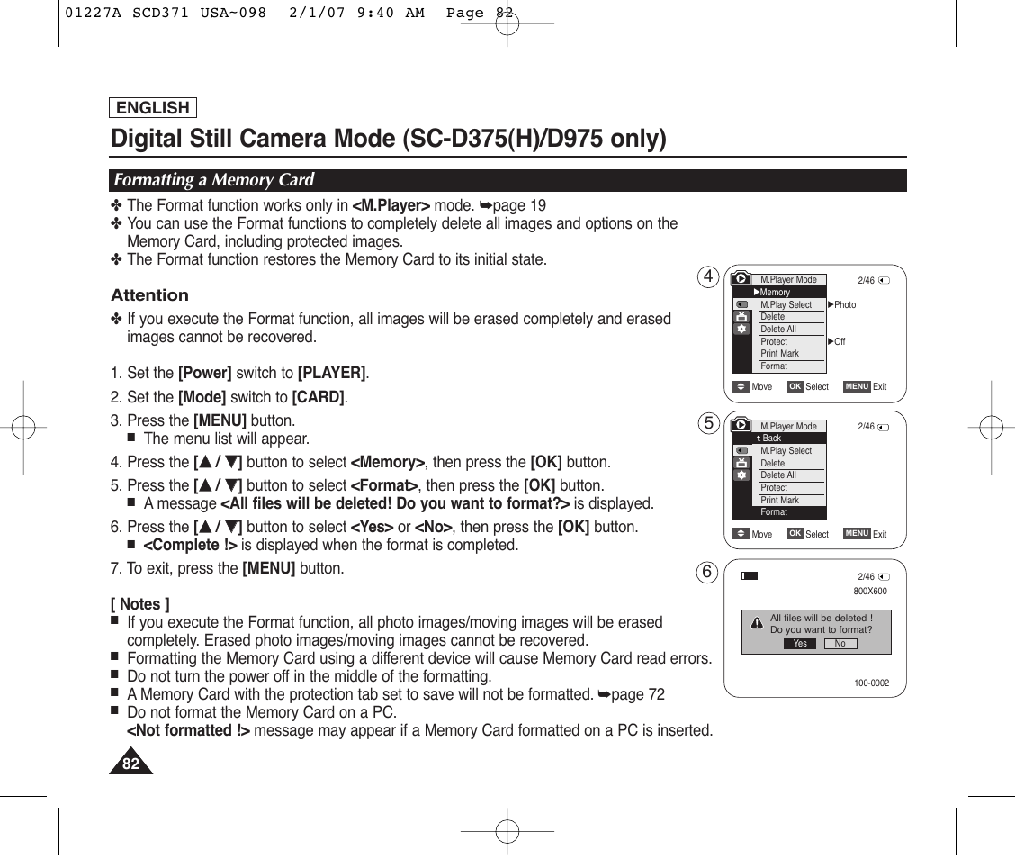 Formatting a memory card | Samsung SC-D372-XAA User Manual | Page 86 / 114