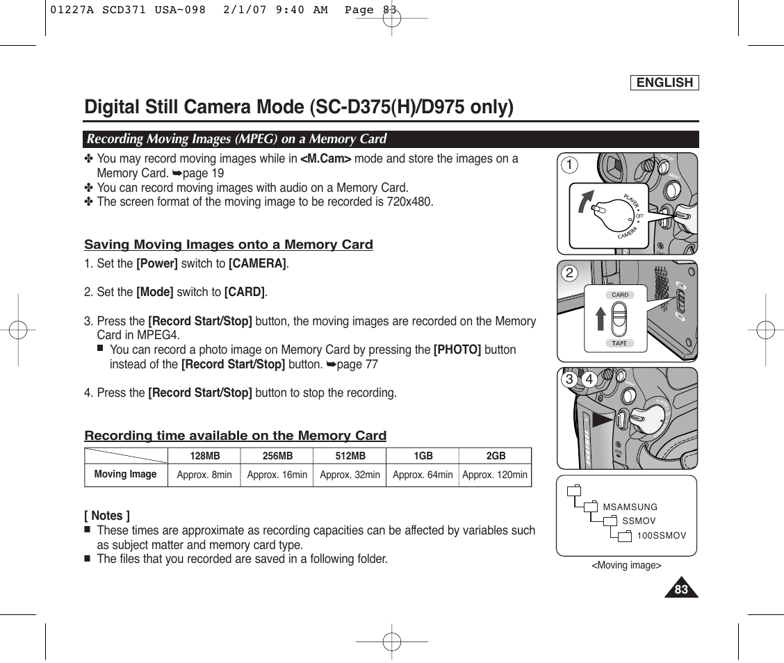 Recording moving images (mpeg) on a memory card | Samsung SC-D372-XAA User Manual | Page 87 / 114