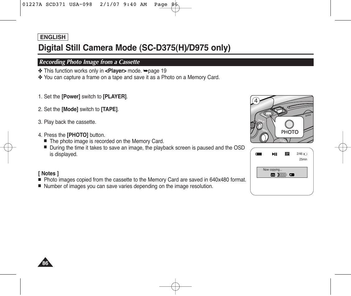 Recording photo image from a cassette | Samsung SC-D372-XAA User Manual | Page 90 / 114