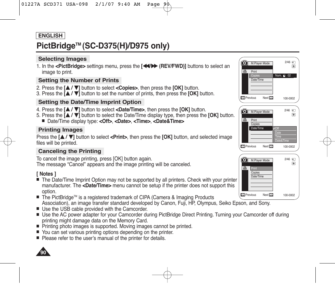 Selecting images, Setting the number of prints, Setting the date/time imprint option | Printing images, Canceling the printing, Pictbridge | Samsung SC-D372-XAA User Manual | Page 94 / 114