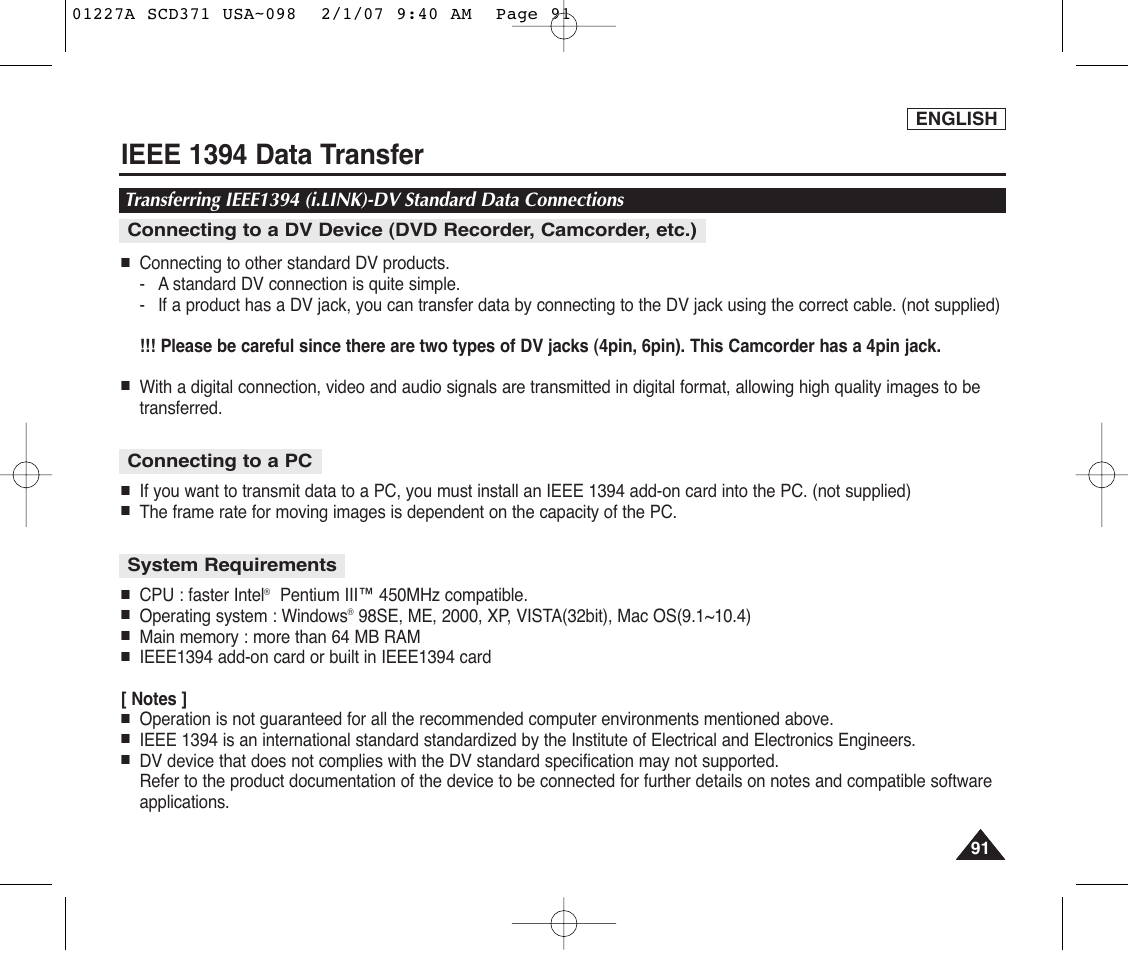 Ieee 1394 data transfer, Connecting to a pc, System requirements | Samsung SC-D372-XAA User Manual | Page 95 / 114