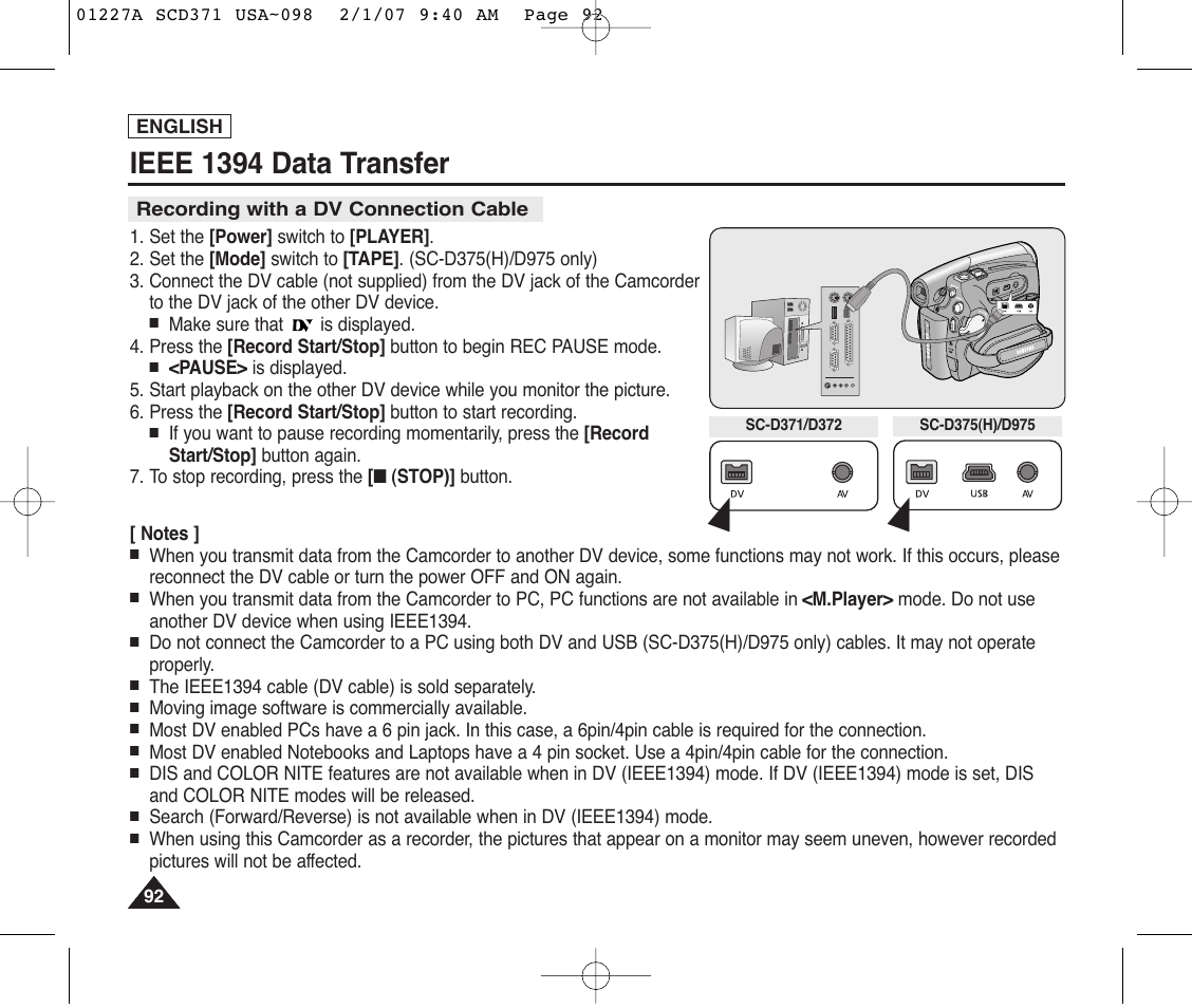 Recording with a dv connection cable, Ieee 1394 data transfer | Samsung SC-D372-XAA User Manual | Page 96 / 114