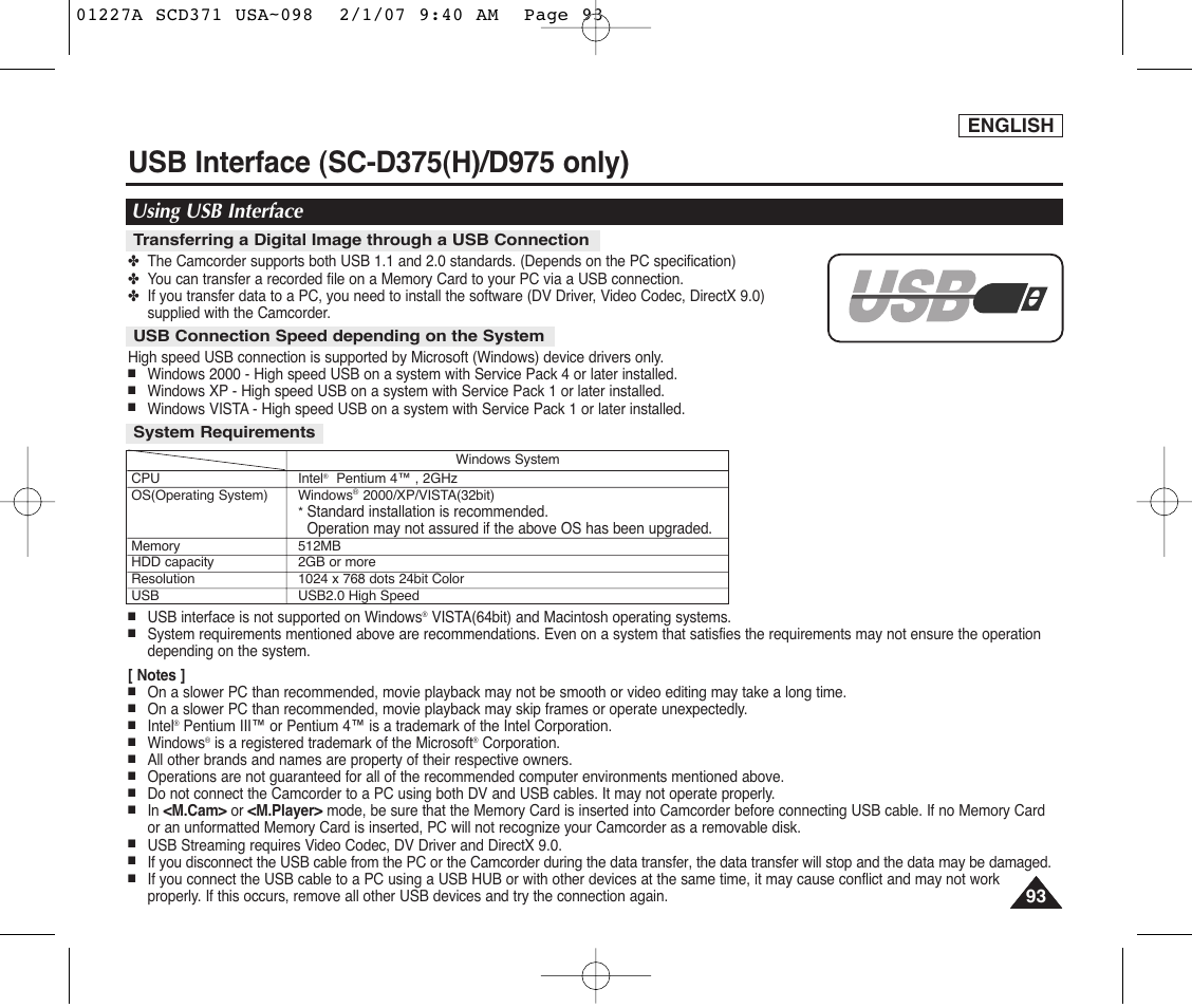 Usb interface (sc-d375(h)/d975 only), Using usb interface, Usb connection speed depending on the system | System requirements, English | Samsung SC-D372-XAA User Manual | Page 97 / 114