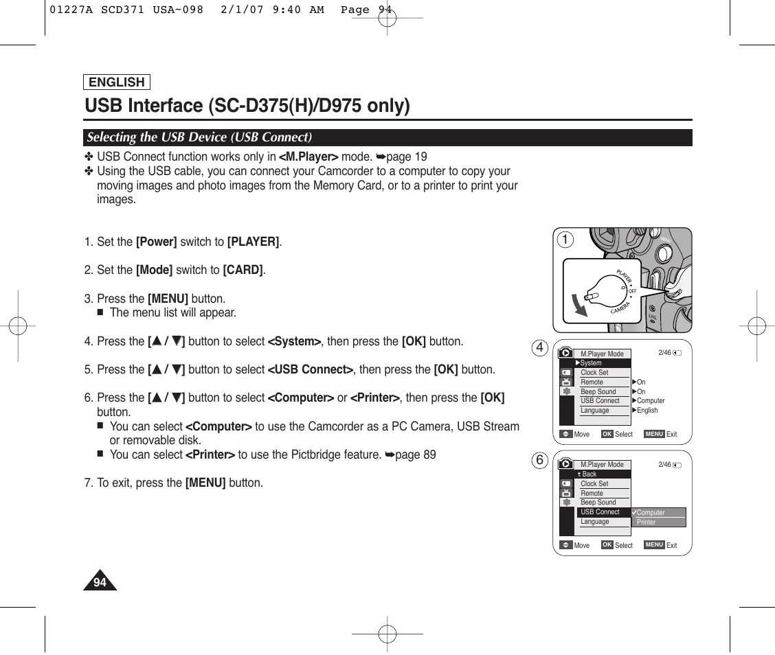 Selecting the usb device (usb connect), Selecting the usb device (usb connect) 1 | Samsung SC-D372-XAA User Manual | Page 98 / 114