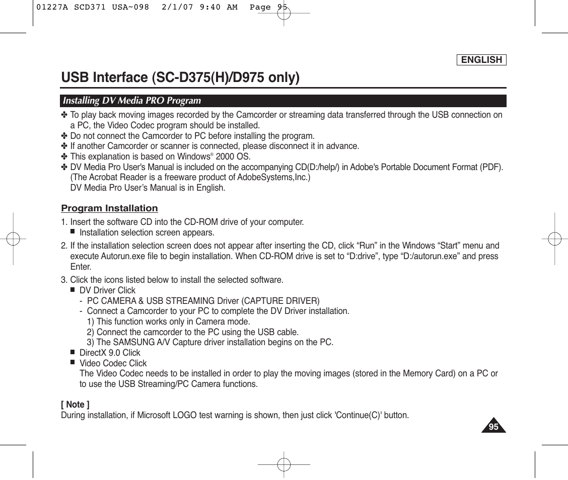 Installing dv media pro program | Samsung SC-D372-XAA User Manual | Page 99 / 114