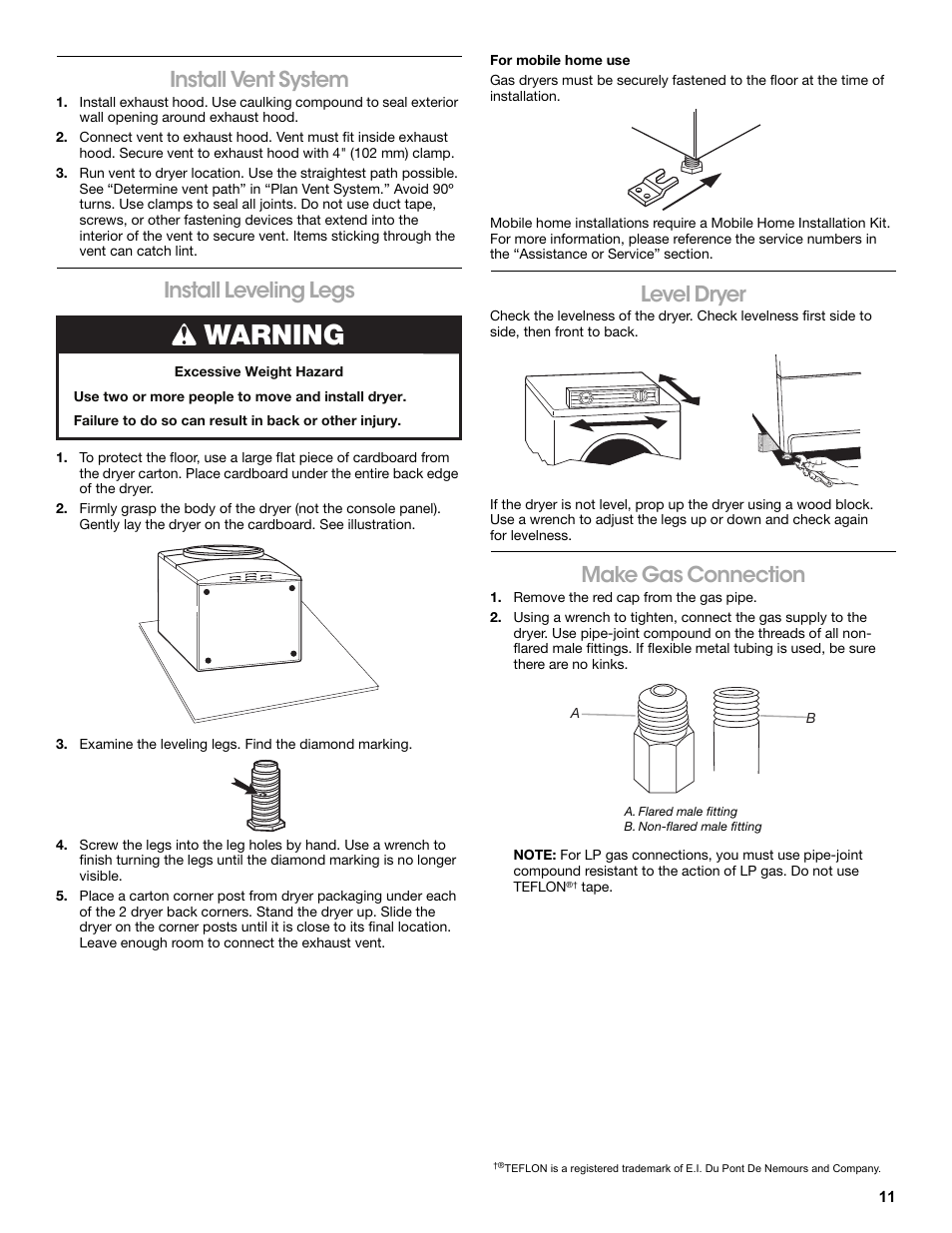 Install vent system, Install leveling legs, For mobile home use | Level dryer, Make gas connection, Remove the red cap from the gas pipe, A. flared male fitting, B. non-flared male fitting, Warning | Amana W10216187A User Manual | Page 11 / 24
