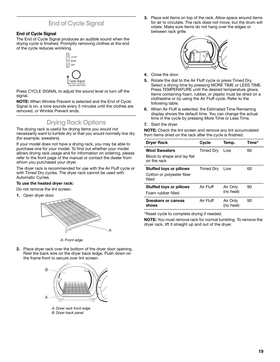 End of cycle signal, Drying rack options, To use the heated dryer rack | Open dryer door, A. front edge, A. dryer rack front edge, B. dryer back panel, Close the door, Start the dryer, Dryer rack | Amana W10216187A User Manual | Page 19 / 24