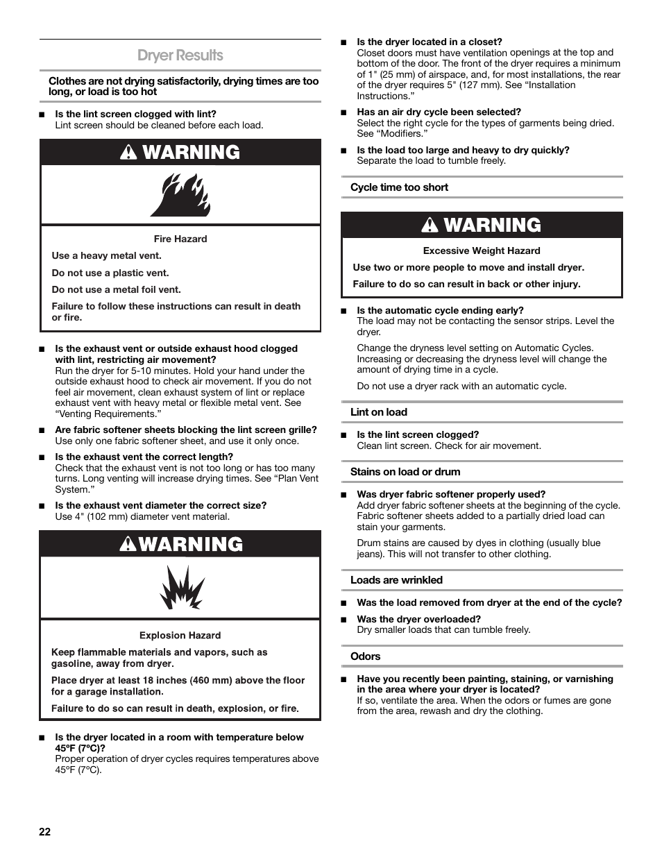 Dryer results, Do not use a dryer rack with an automatic cycle, Warning | Amana W10216187A User Manual | Page 22 / 24
