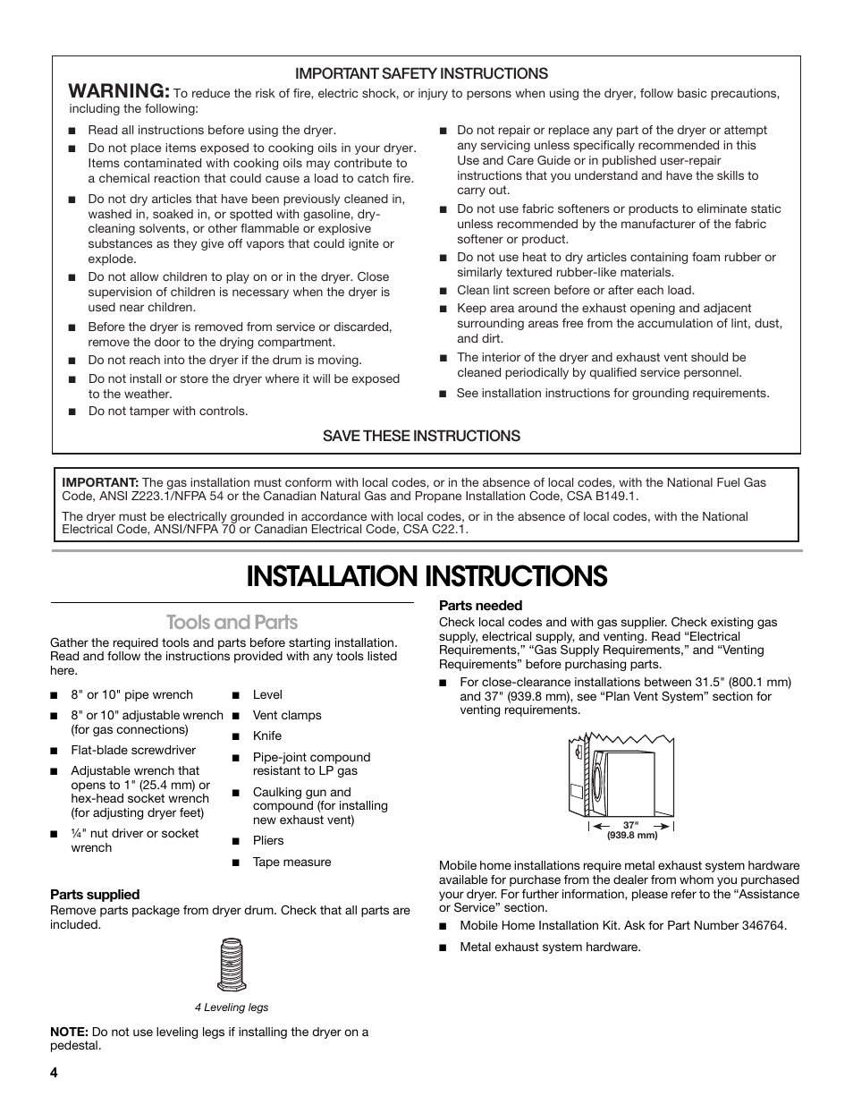 Installation instructions, Tools and parts, Parts supplied | 4 leveling legs, Parts needed, Warning, Important safety instructions, Save these instructions | Amana W10216187A User Manual | Page 4 / 24