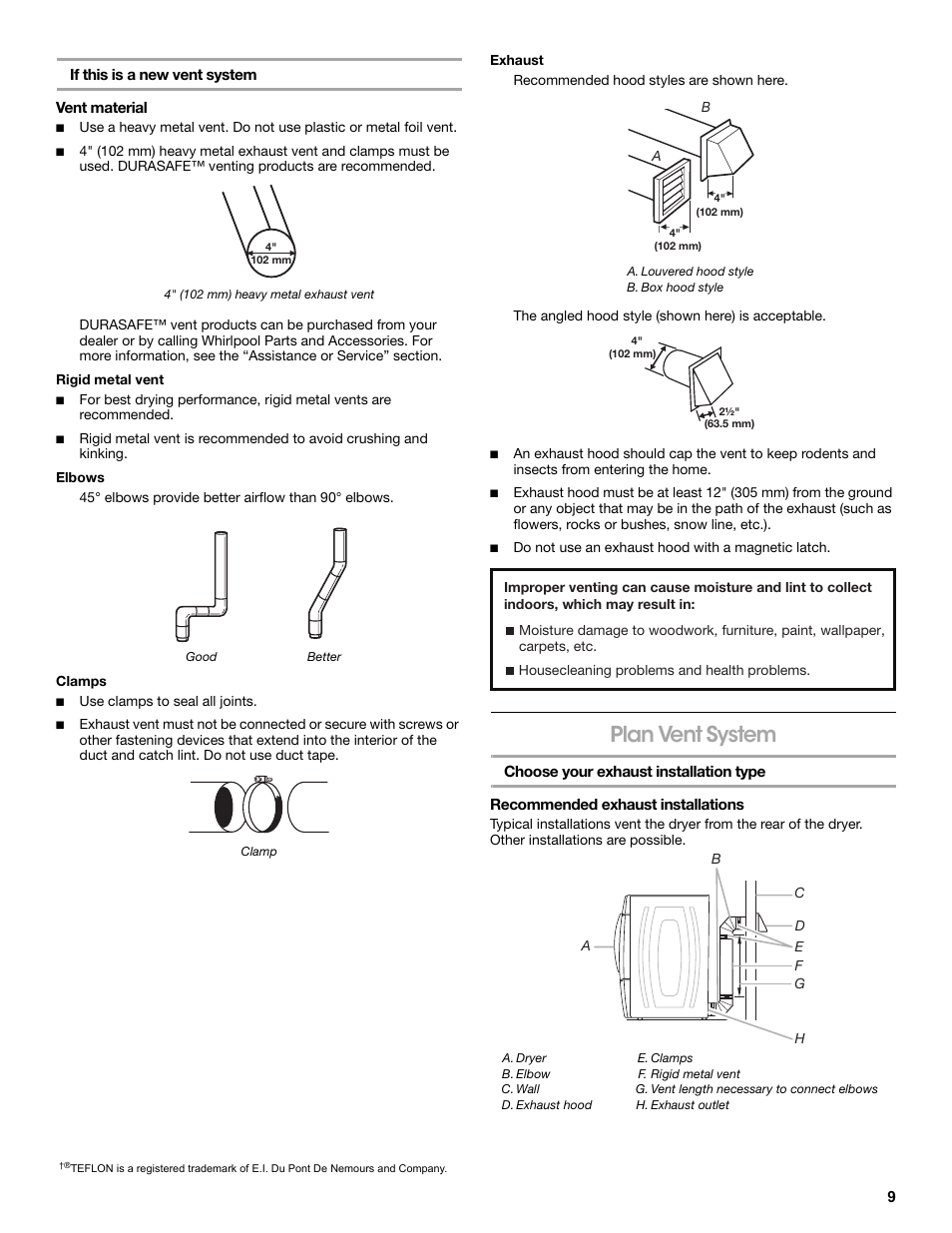 4" (102 mm) heavy metal exhaust vent, Rigid metal vent, Elbows | 45° elbows provide better airflow than 90° elbows, Good, Better, Clamps, Clamp, Exhaust, Recommended hood styles are shown here | Amana W10216187A User Manual | Page 9 / 24