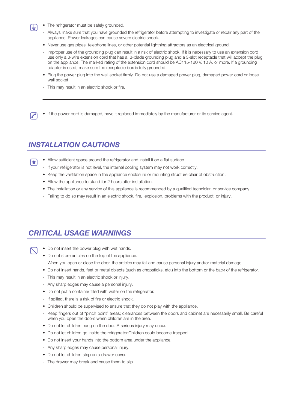 Installation cautions critical usage warnings | Samsung RF24FSEDBSR-AA User Manual | Page 3 / 14