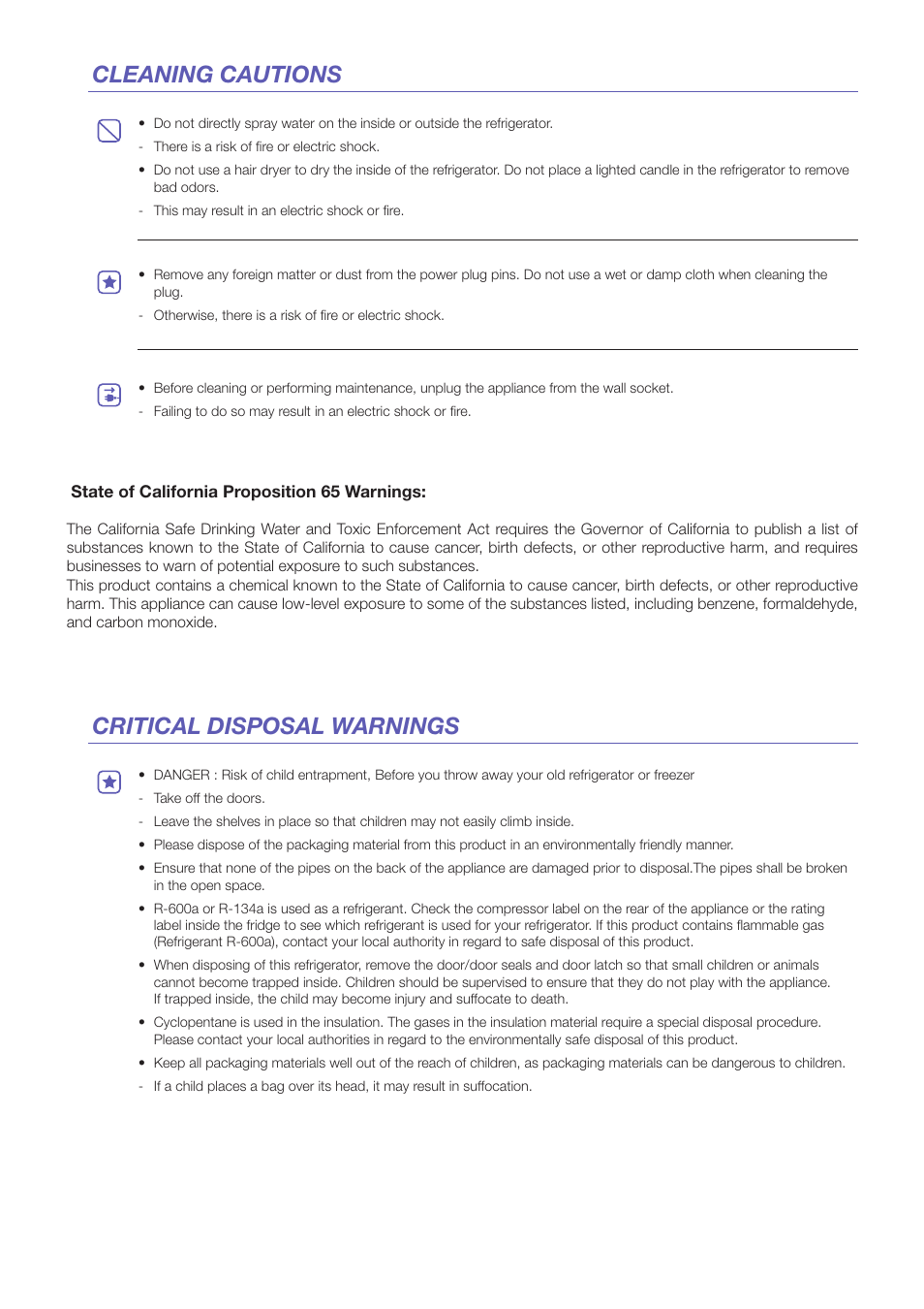 Cleaning cautions critical disposal warnings | Samsung RF24FSEDBSR-AA User Manual | Page 6 / 14