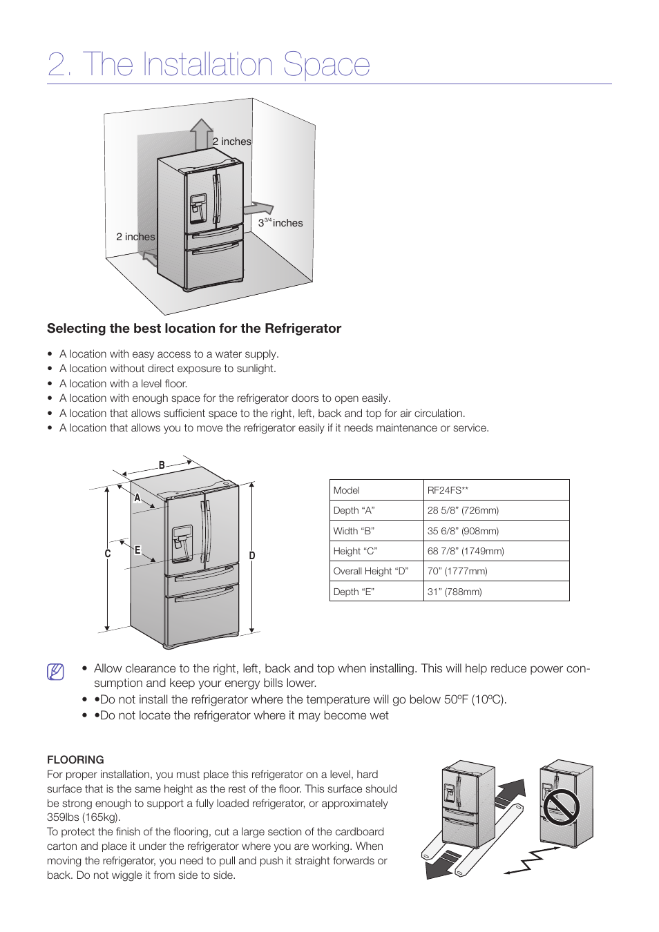 The installation space | Samsung RF24FSEDBSR-AA User Manual | Page 8 / 14