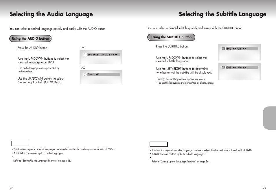 Selecting the audio language, Selecting the subtitle language | Samsung DVD-P421-XAA User Manual | Page 14 / 22