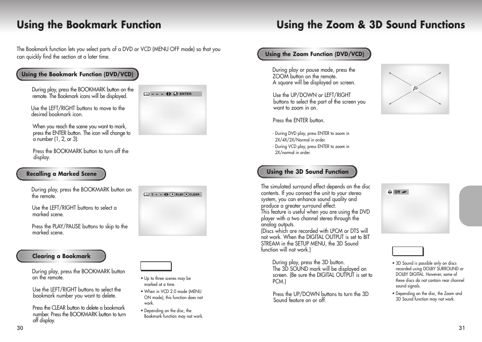 Using the bookmark function, Using the zoom & 3d sound functions | Samsung DVD-P421-XAA User Manual | Page 16 / 22