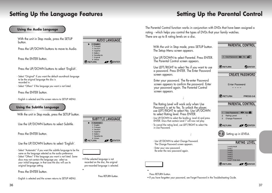 Setting up the language features, Setting up the parental control | Samsung DVD-P421-XAA User Manual | Page 19 / 22