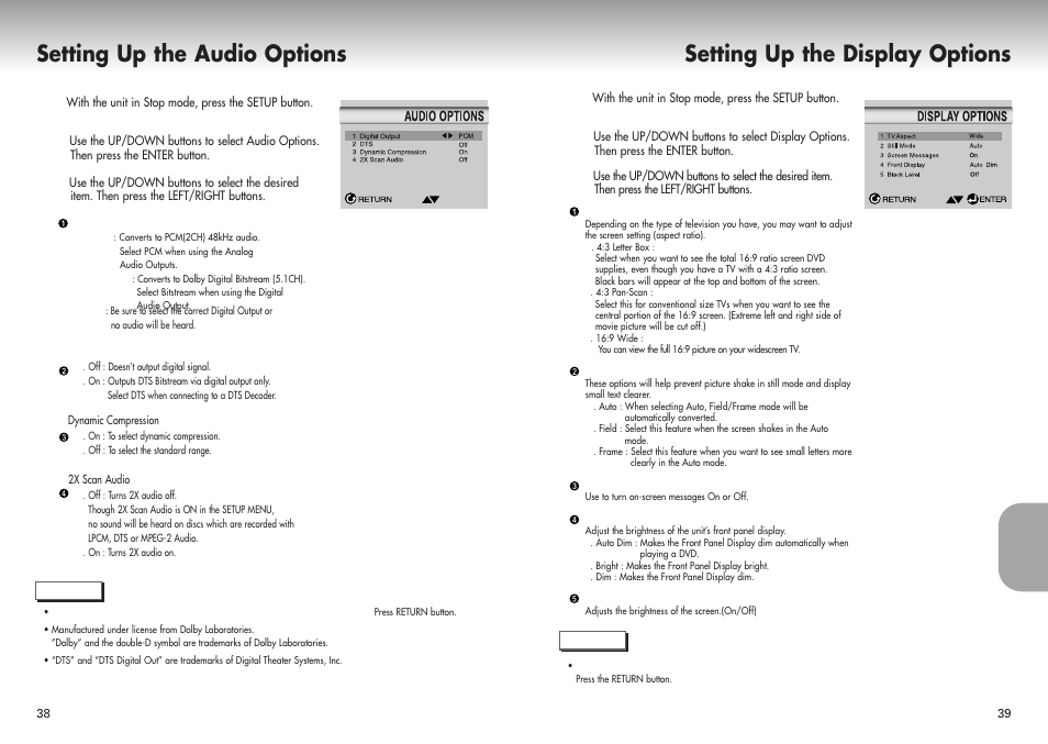 Setting up the audio options, Setting up the display options | Samsung DVD-P421-XAA User Manual | Page 20 / 22